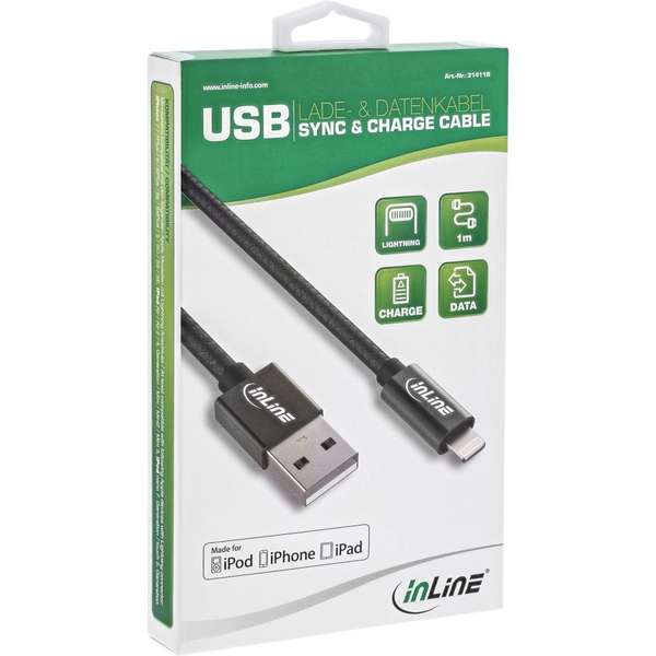 Naar omschrijving van 31411B - InLineÂ® Lightning USB Cable for iPad iPhone iPod black 1m MFi-Certified