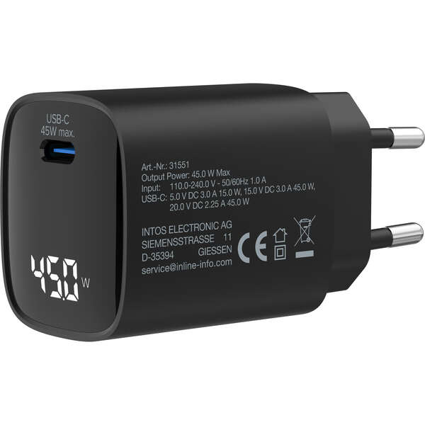 Naar omschrijving van 31551 - InLine® USB PD power supply, GaN charger, 1-port, USB-C, 45W, with display