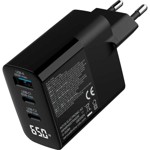 Naar omschrijving van 31552 - InLine® USB PD power supply, GaN charger, 3-port, USB-C + USB-A, 65W, w/ display