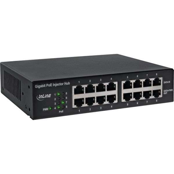 Naar omschrijving van 32308H - InLine Gigabit Network Injector Hub 8 Port (8x PoE+), 1GBit/s, 19