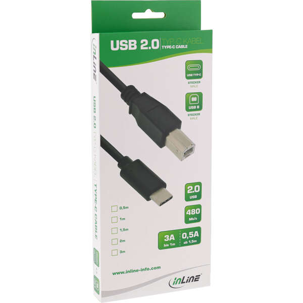 Naar omschrijving van 35762 - InLine® USB 2.0 Cable, USB-C male / USB-B male, black, 2m