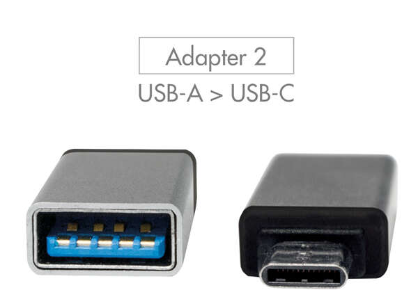 Naar omschrijving van AU0040 - USB-C adapter set, C/M to USB-A/F + C/M to Micro-USB/F, silver