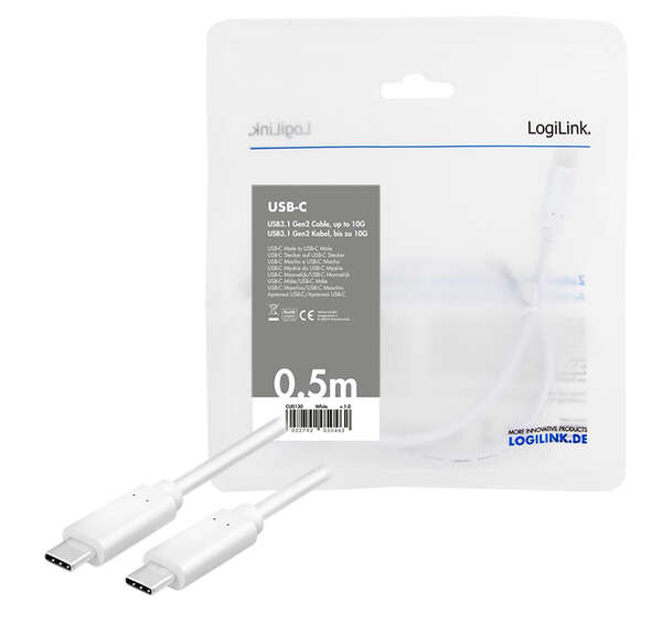 Naar omschrijving van CU0130 - USB 3.2 Gen2 Type-C cable, C/M to USB-C/M, E-mark, PD, 4K/60 Hz, white, 0.5 m