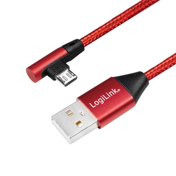 Naar omschrijving van CU0149 - USB 2.0 cable, USB-A/M to Micro-USB/M 90°, fabric, metal, red, 0.3 m