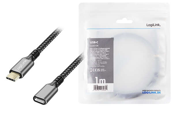 Naar omschrijving van CUA0108 - USB 3.2 Gen2 Type-C cable, C/M to USB-C/F, PD, alu, black/grey, 1 m