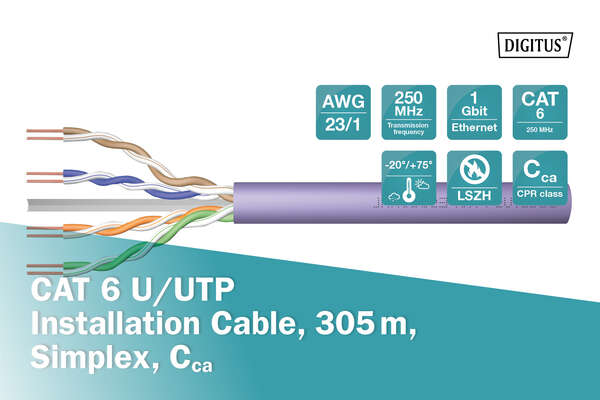 Naar omschrijving van DK-1615-VH-305 - CAT 6 U-UTP installation cable, 250 MHz Cca (EN 50575), AWG 23/1, 305m paper box, sx, pur