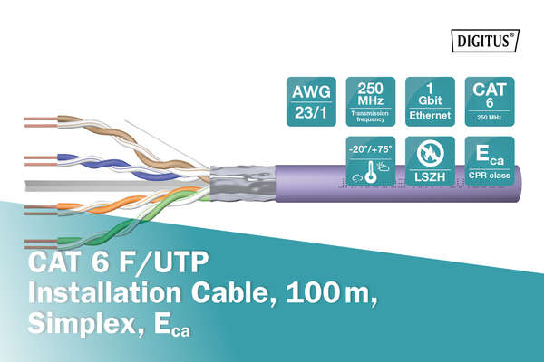 Naar omschrijving van DK-1623-VH-1 - CAT 6 F-UTP installation cable, 250 MHz Eca (EN 50575), AWG 23/1, 100 m paper box, sx, pu