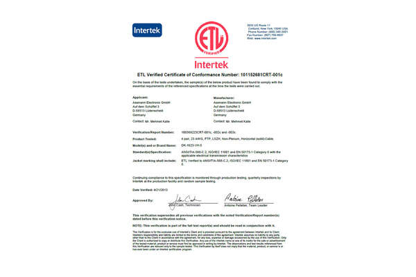 Naar omschrijving van DK-1623-VH-1 - CAT 6 F-UTP installation cable, 250 MHz Eca (EN 50575), AWG 23/1, 100 m paper box, sx, pu