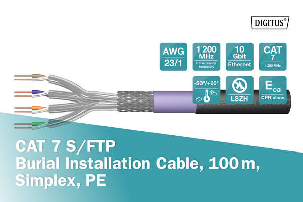 Naar omschrijving van DK-1741-VH-1-OD - CAT 7 S-FTP outdoor installation cable, 1200 MHz PE, inner Eca (LSZH-1), AWG 23/1,100m, sx, bl&pu