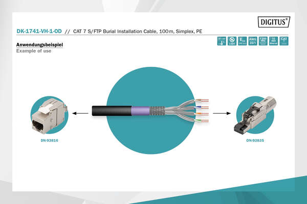 Naar omschrijving van DK-1741-VH-1-OD - CAT 7 S-FTP outdoor installation cable, 1200 MHz PE, inner Eca (LSZH-1), AWG 23/1,100m, sx, bl&pu