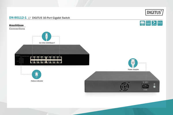 Naar omschrijving van DN-80112-1 - DIGITUS 16-Port Gigabit Switch 16-port 10/100/1000Base-T