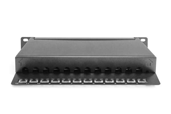 Naar omschrijving van DN-91612S - CAT 6, Class E patch panel, shielded, 12-port RJ45 8P8C, LSA, 1U, 254 mm(10