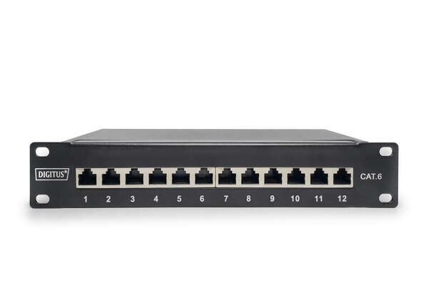 Naar omschrijving van DN-91612S - CAT 6, Class E patch panel, shielded, 12-port RJ45 8P8C, LSA, 1U, 254 mm(10