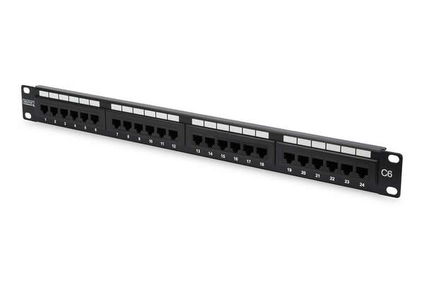 Naar omschrijving van DN-91624U - CAT 6 Patch Panel, unshielded, 24-port RJ45 24-port RJ45, 8P8C, LSA, 1U, bl, 482x44x109 mm, bl