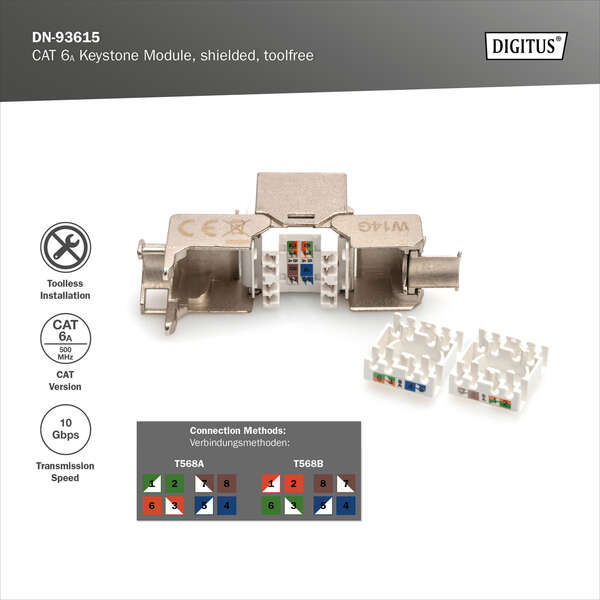 Naar omschrijving van DN-93615 - CAT 6A Keystone Jack, shielded, tool free connection