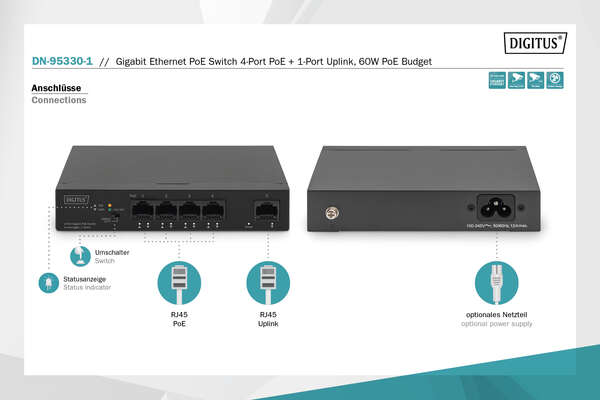 Naar omschrijving van DN-95330-1 - DIGITUS Gigabit Ethernet PoE-switch 4-poorts PoE + 1-poorts uplink, 60 W PoE bud