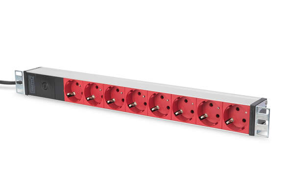 Naar omschrijving van DN-95410-R - 1U Aluminum PDU, rackmountable, 8x red CEE 7/7 10A Plug, 250VAC 50/60Hz, outlet