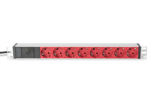 Naar omschrijving van DN-95410-R - 1U Aluminum PDU, rackmountable, 8x red CEE 7/7 10A Plug, 250VAC 50/60Hz, outlet