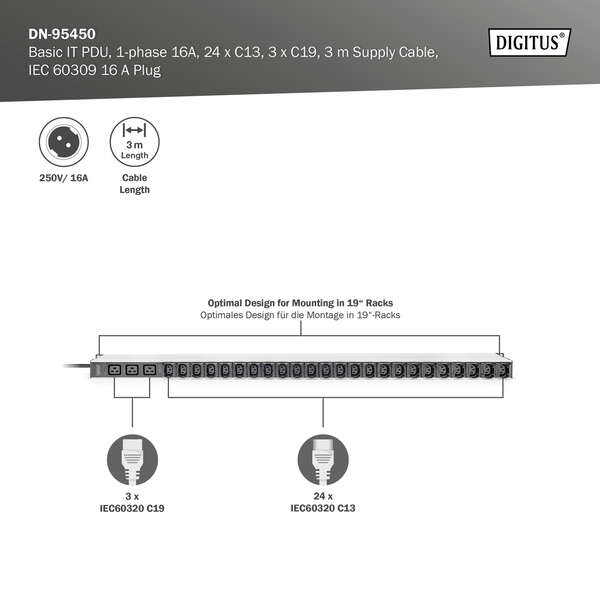 Naar omschrijving van DN-95450 - IT BASIC PDU, Vertical, 16A, 24 x C13, 3 x C19 1-phase, 3m cable, IEC309 16A plug