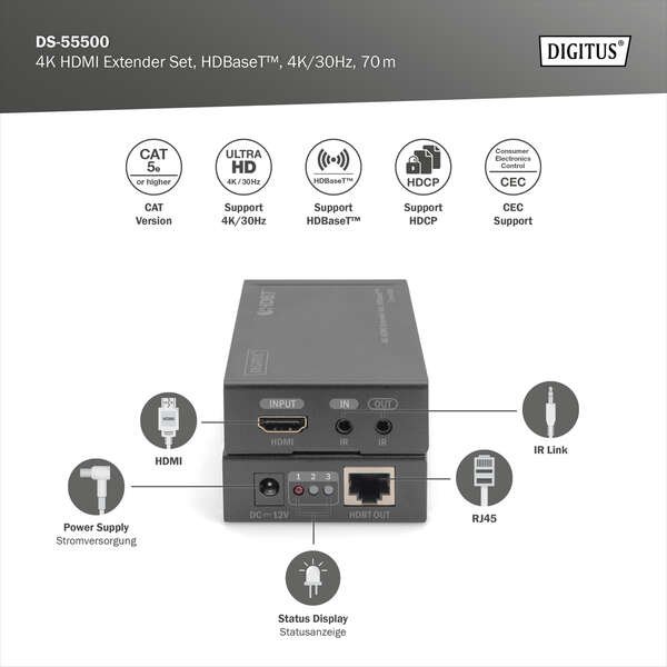 Naar omschrijving van DS-55500 - 4K HDMI Extender Set, HDBaseT, UHD 4K*2K@30Hz 70m over network cable (Cat 5E, 6, 7)