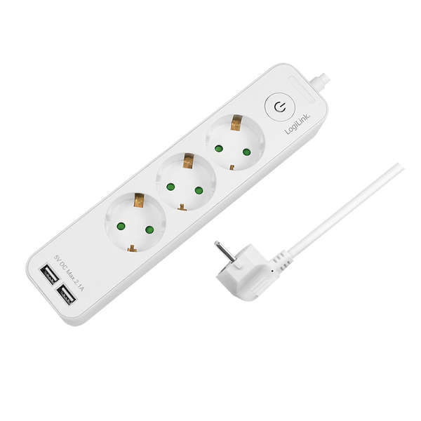 Naar omschrijving van LPS248U - Wandcontactdoos 3-voudig + schakelaar, 3x CEE 7/3 + 2x USB-A, 1,5 m, wit