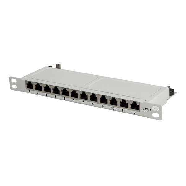 Naar omschrijving van NP0065 - Mini-Patchpanel STP 12xRJ45 Cat.6A, 10inch 0,5U, grey